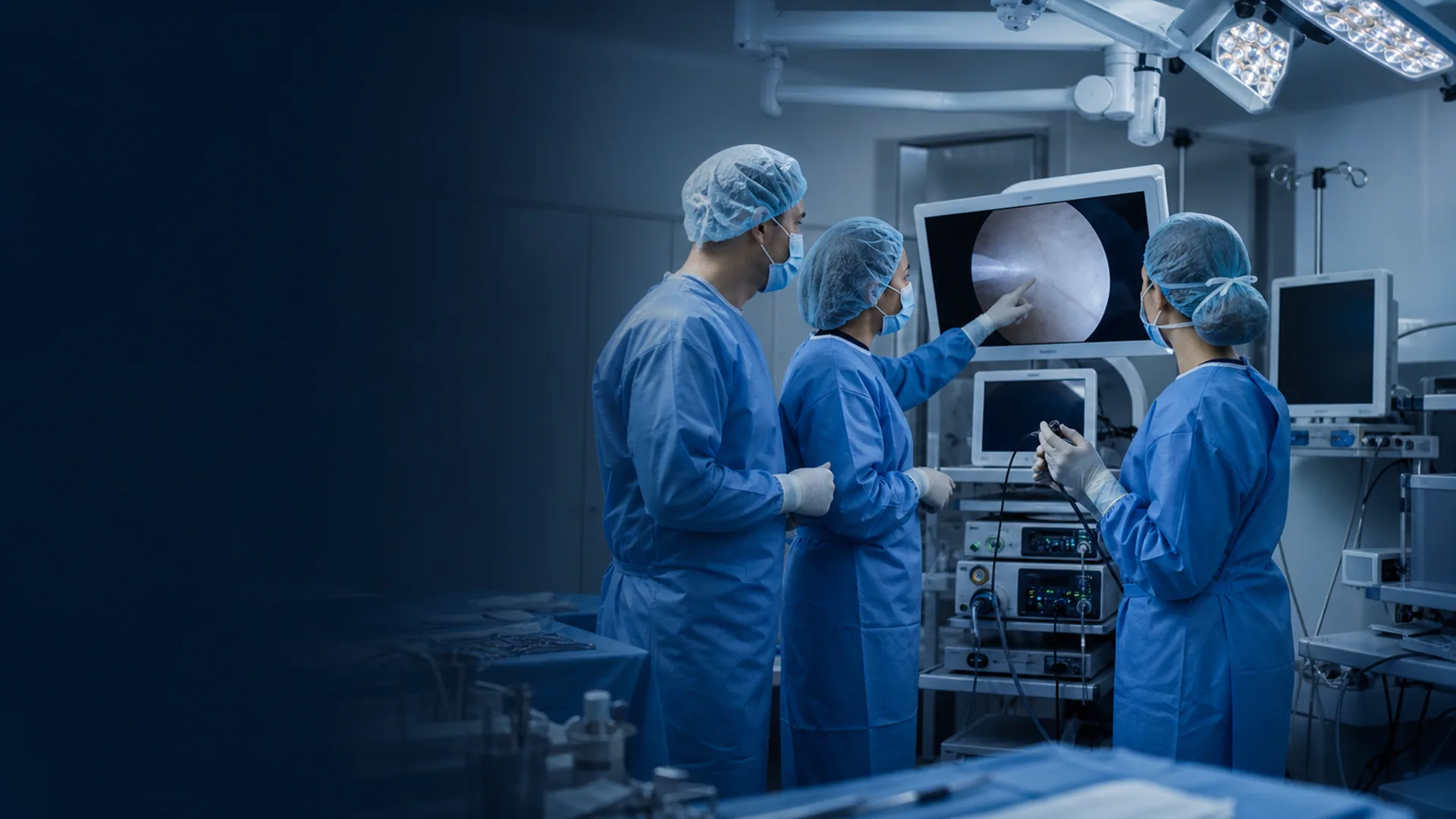 Profesionales de la salud revisando equipamiento endoscópico en un quirófano